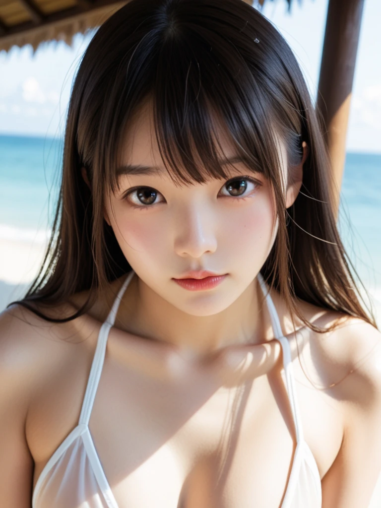 Japanes girl、Girl in her 20s、Just the right size breasts、perfect chest、flawless skin、soaked hair、A perfect、gravure idol、Dark hair、brown Eyes、Pink bikini、the sea、wet、luster、Daylight、