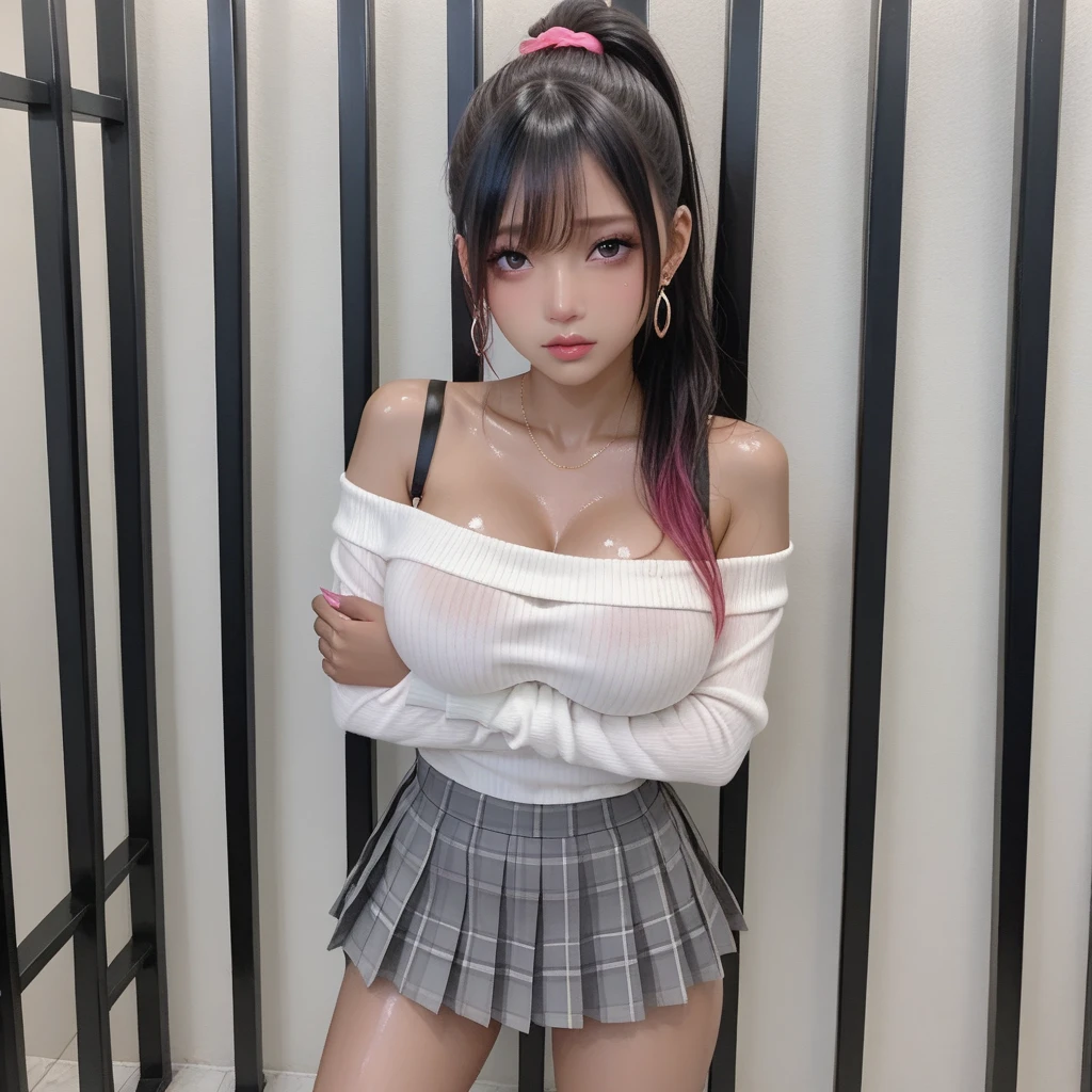 masterpiece, best quality, highres, hmnc1, animal ears, tail, dark skin, multicolored hair, black thighhighs, off-shoulder sweater, pleated skirt, black skirt, jewelry, necklace, ribbed sweatet, collarbone, cowboy shot, standing, indoors, ((very Big breasts 9.9)), very Big breasts, bursting breast, ultra huge breast