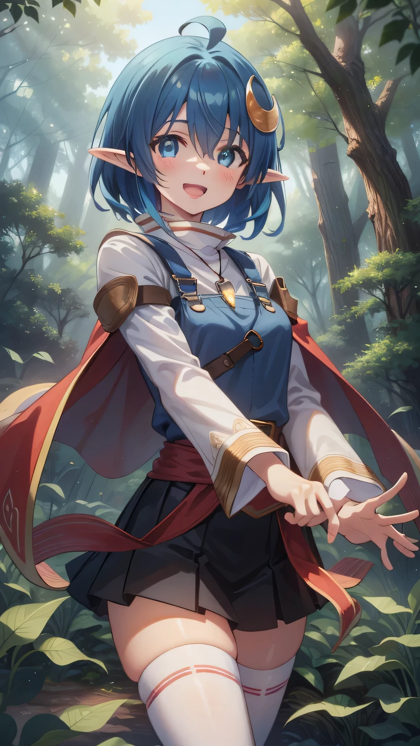 {{{masterpiece}}}, (best quality:1.5), (ultra-detailed:1.5), {illustration}, {{an extremely delicate and beautiful}}, (beautiful detailed eyes:1.6), absurdres, highres, extremely detailed face, 16k, hd, visual anime de uma jovem mulher, extremamente bonito rosto de anime, anime melhor garota, (perfect hands, perfect anatomy), (five fingers:1.4) anime face, Rena Lanford(Star Ocean), 1girl, solo, cute face, blue hair, short hair, ahoge, sidelocks, hair between eye, crescent hair ornament, pointy ears, big eyes, blue eyes, medium breasts, big hips, curvaceous, BREAK, red cape, blue overalls vest, white shirt, turtleneck shirt, long sleeves, white sleeves, leather armor, pendant, (red-waist ribbon:1.2), (blue skirt:1.3), miniskirt, white thighhighs, brown shoes, thighs, zettai ryouiki, BREAK, standing, Magic Garden, cute face, beautiful face, open mouth, smiling, looking at viewer, fluttering skirt, floating clothes, (cute gestures:1.2), outdoor, (forest:1.5), sky, field daytime, cowboy shot, peer in from below