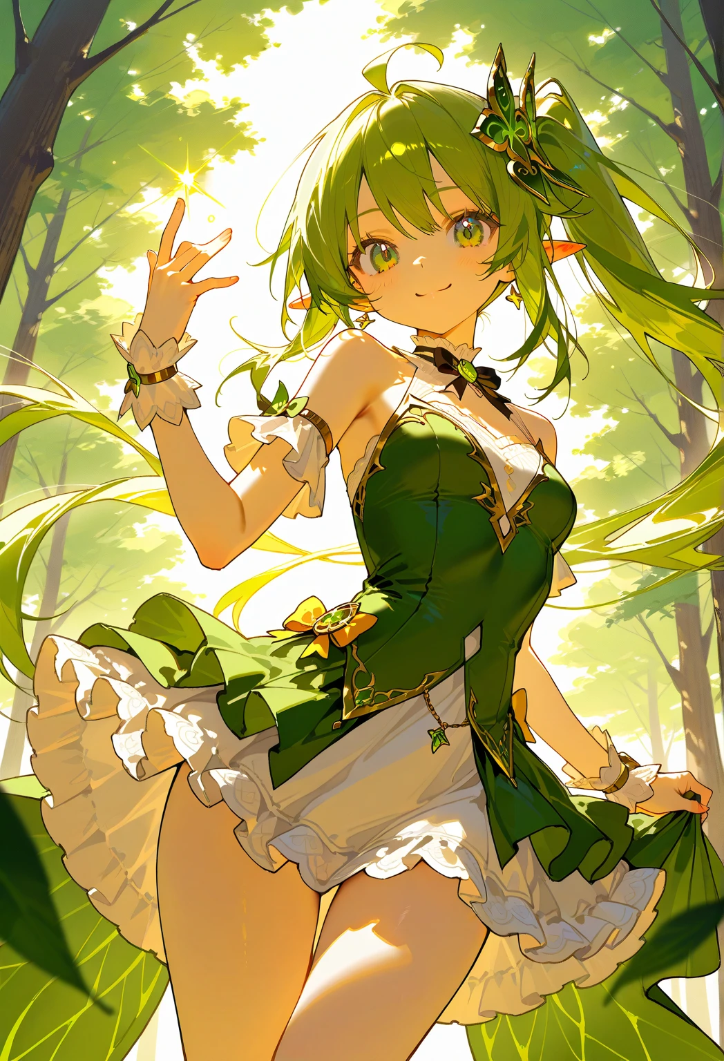 (girl:1.2), (1 person:1.2),(10歳のgirl)、若いgirl、big breasts、 nffsw、shader、highly detailed eyes、long straight hair、side boob、Fairy Wings、Lustrous cleavage、green hair、silky hair、Off-the-shoulder gowns(yellow green thin fabric、unadorned costume、mini skirt、plain silk gloves)、ultra-intricate pupil in eyes、highest quality、bright colors、Bust 100、rests、Standing picture of the game、Stirring composition、Composition looking up from below、Lift your with your hands、Pose that emphasizes the chest、fold your arms、grinning expression、eyes half closed、open your mouth、Stinking eyes、evil face、Bullish smile、fold your hands behind your back、Hide your hands、evil smile、whole body、beautiful