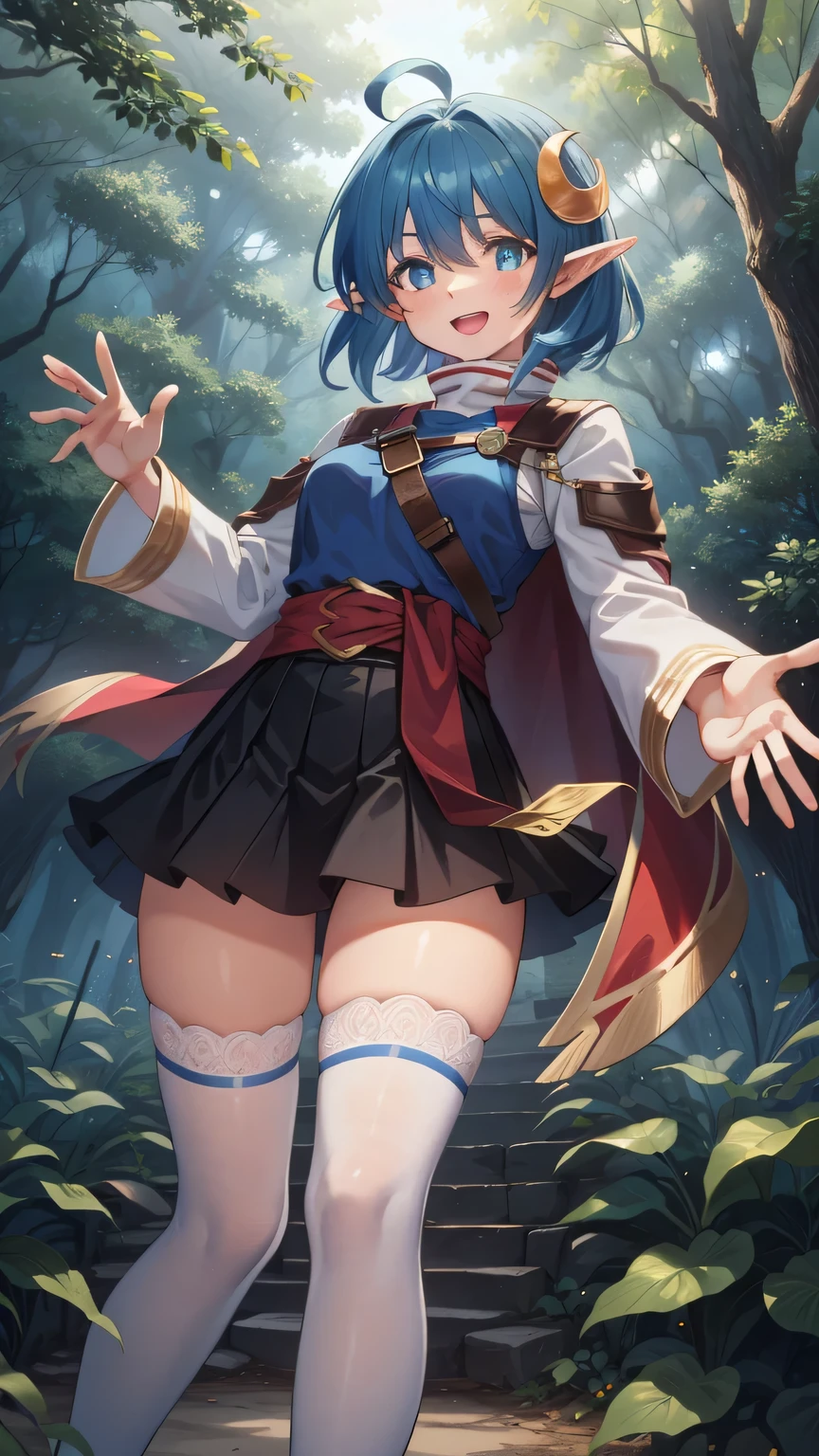 {{{masterpiece}}}, (best quality:1.5), (ultra-detailed:1.5), {illustration}, {{an extremely delicate and beautiful}}, (beautiful detailed eyes:1.6), absurdres, highres, extremely detailed face, 16k, hd, visual anime de uma jovem mulher, extremamente bonito rosto de anime, anime melhor garota, (perfect hands, perfect anatomy), (five fingers:1.4) anime face, Rena Lanford(Star Ocean), 1girl, solo, cute face, blue hair, short hair, ahoge, sidelocks, hair between eye, crescent hair ornament, pointy ears, big eyes, blue eyes, medium breasts, big hips, curvaceous, BREAK, red cape, blue vest, white shirt, turtleneck shirt, long sleeves, white sleeves, leather armor, red waist ribbon, (blue skirt:1.2), miniskirt, white thighhighs, brown shoes, thighs, zettai ryouiki, BREAK, standing, Magic Garden, cute face, beautiful face, open mouth, smiling, looking at viewer, fluttering skirt, floating clothes, open hand, beckoning, palm, outdoor, (forest:1.5), sky, field daytime, cowboy shot, peer in from below