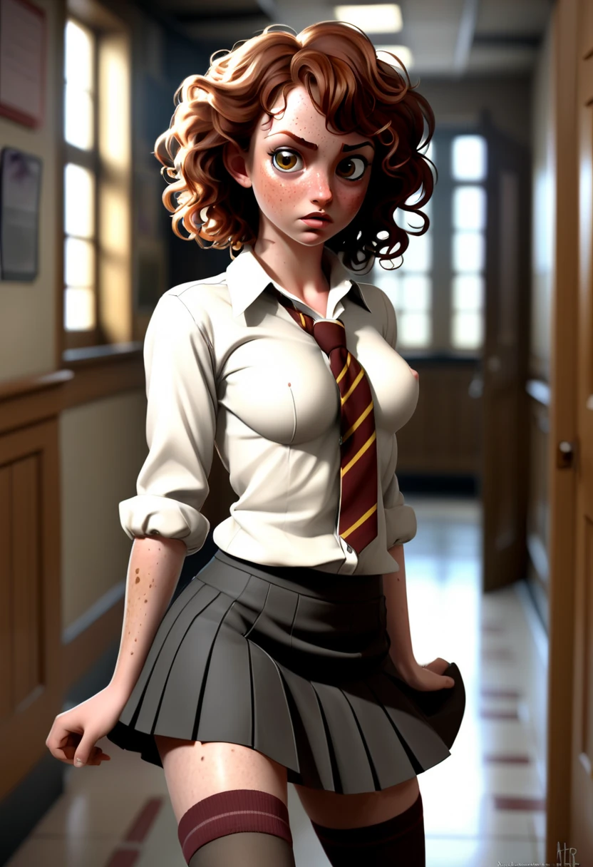 4k, fine detail, masterpiece, high quality eyes, high detail painting, soft shadows, best character art , 1 girl, solo girl, half nude, open clothes, small breasts, black border, black legwear, brown hair, blush, brown eyes, curly hair, drill hair, freckles, hogwarts , letterboxed, lips, long hair, necktie, pussy, ringlets, shirt,running down a school corridor with her skirt blowing up and showing her panties, thighhighs,