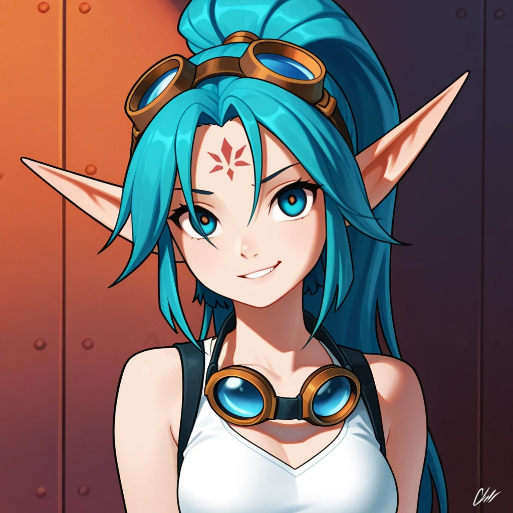 Kiera,green hair,pointy ears,green eyes,two-tone hair , solo, smiling, close up, low angle, hands behind back,
Kieout,cleavage, goggles around neck ,suspenders, crop top ,belt, bare shoulders, bandages, pants, midriff, brown fingerless gloves, brown shoes
<lora:Kiera:0.8>
(insanely detailed, beautiful detailed face, masterpiece, best quality)