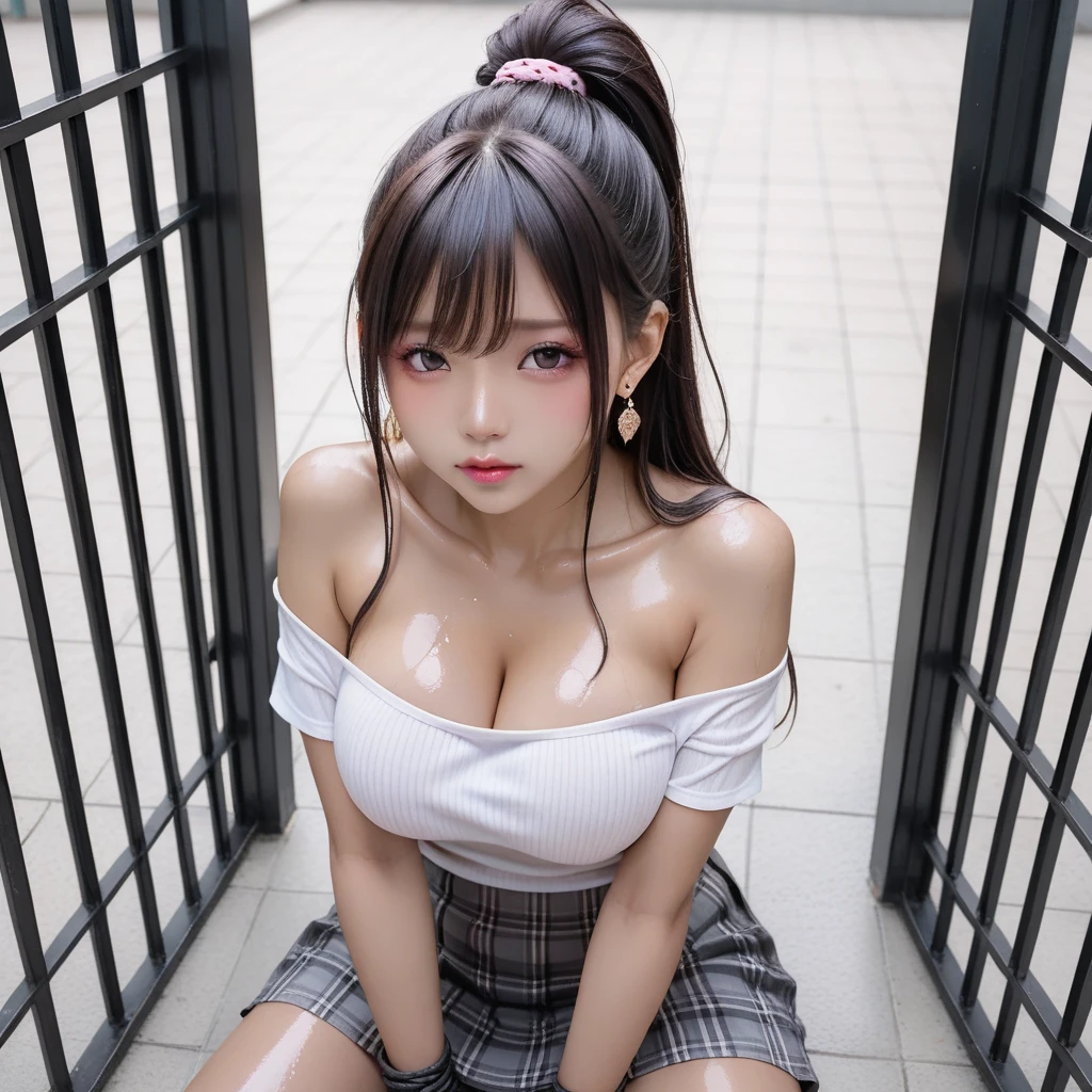 ultra highres,(reality: 1.4),highest quality, masterpiece, high detail, 16K quality, beautiful, 1 beautiful girl,japanese,super beautiful face,baby face,japanese idol face,cute face,super detailed face,detailed hand,beautiful skin,sweaty skin,big eyes,smile,profeccional lighting,ponny tail,brown hair,brown beautiful eyes, naked on shite shirt,open shirt,bare breasts,checked skirt,skirt lift,standing,spread legs,(((showing pussy))),(detailed pussy),medium breasts,black high socks,she is looking at the camera,pool side,nsfw,from below,
