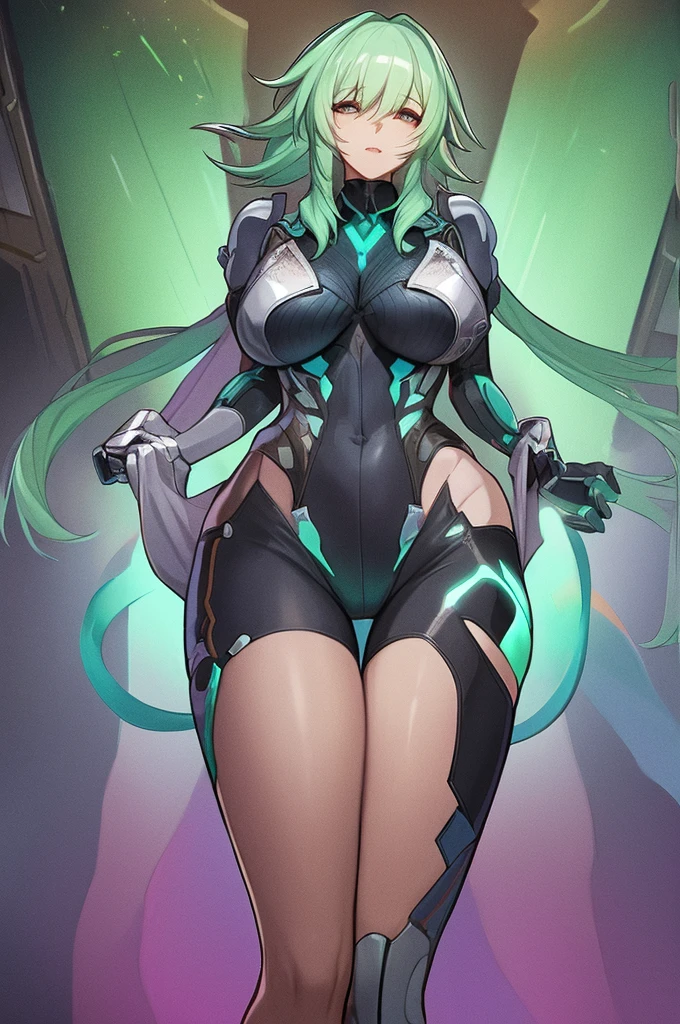 masterpiece, best quality,Extreme Detail, Super detailed, beautiful eyes, beautiful hair, Beautiful side, beautiful skin,dutch angle, green hair, snake eyes, big breasts, blush, cravings, sit, Chest towards viewer, arms around the back, chair , pov