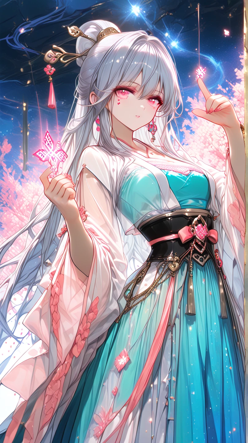 japanaese girl, Smooth and delicate lines, Wearing a glamorous and flowing miniskirt, Miniskirt blue-pink, Shy, Beautiful face, Exquisite makeup, Willow leaf eyebrows, Gentle eyes, Hair in a bun, Wearing a transparent hair ornament in the shape of a flower, Hair blue-pink gradient,Heart-shaped choker、 Butterfly in hand, Graceful and flowing movements, Watercolor style, The image is clean and clear, Qiuying style