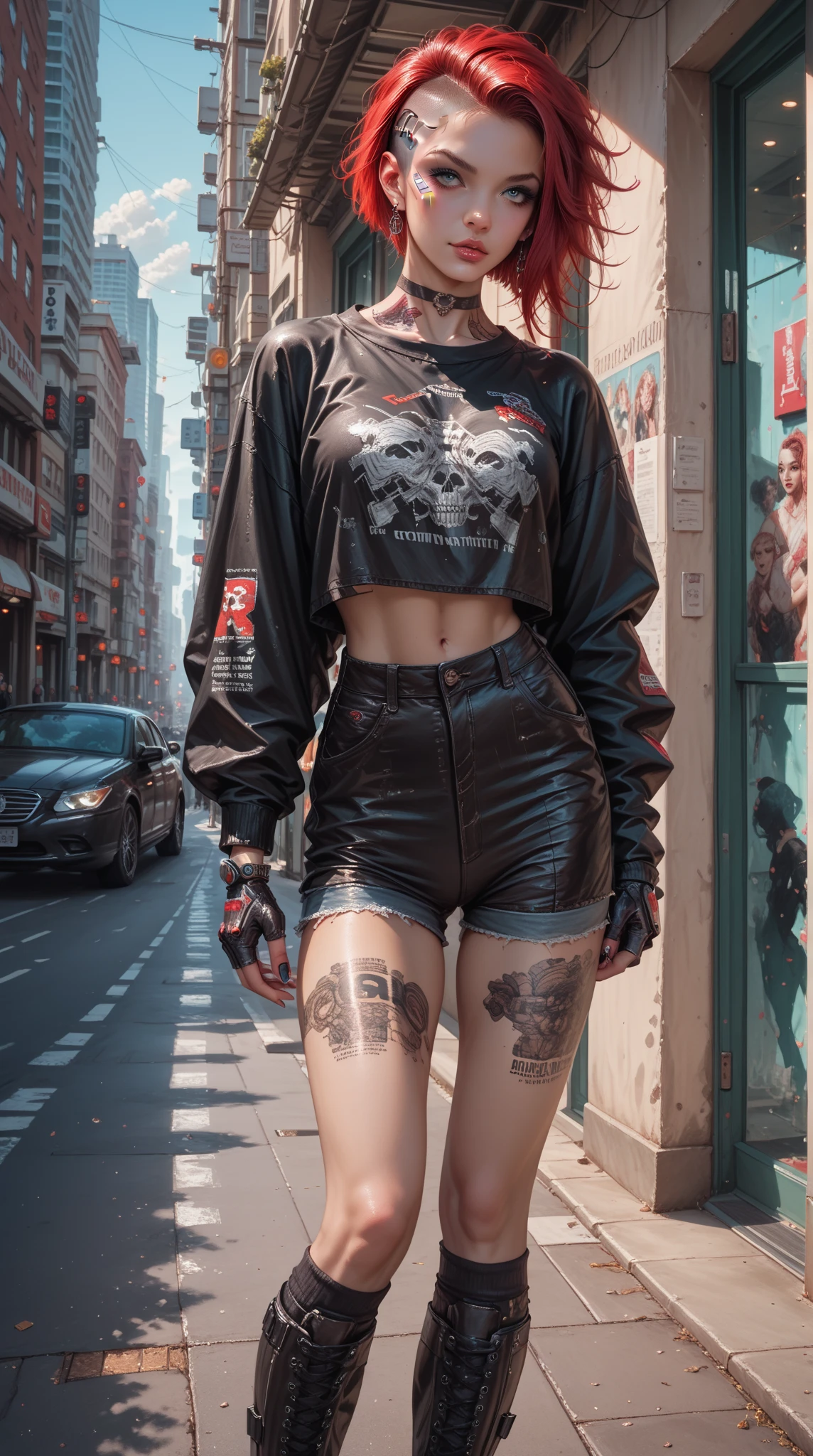 Woman in the alley behind the house、(detailed tattoo) (very detailed)、(8k)、((hip hop fashion))、(graffiti wall)、(full body esbian)、(face with details too detailed) (Fine feet)、(Fine hands)、(Cold face)、(Cross down)