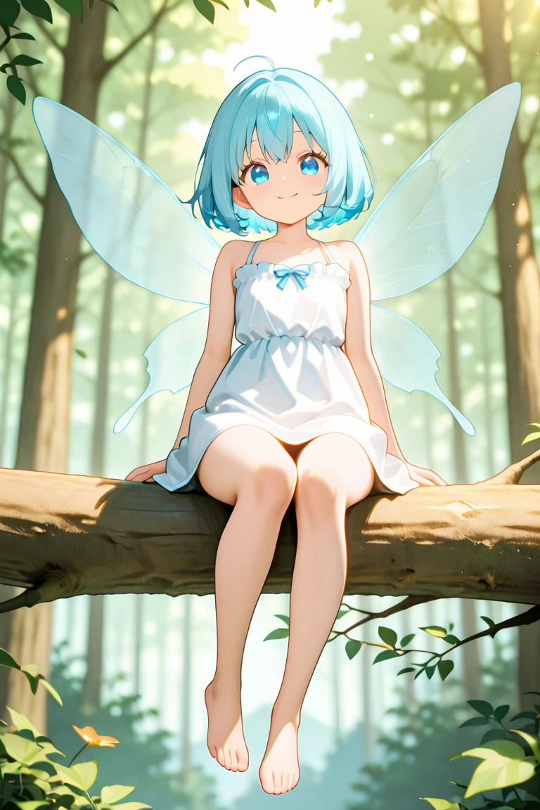(best quality,highres),cute little innocent pure fairy with transparent wings,naked,sleepy,thick thighs,long light blue hair,nature,sitting on,tenderly smiling,teasing,ultra-detailed,portraits,vivid colors,painting-like,soft lighting