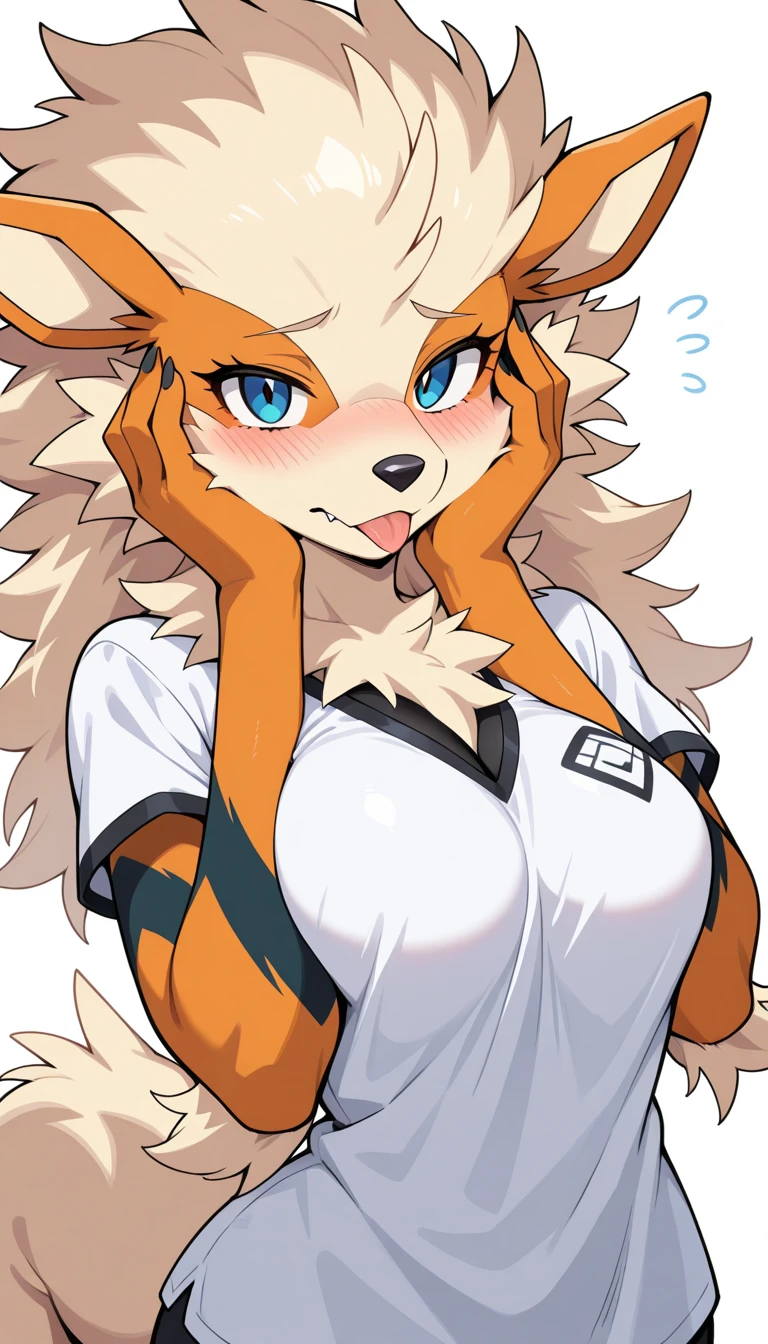 high resolution picture, masterpiece, best quality, amazing quality, solo, 1girl, arcanine, \(pokemon\), furry, anthro, orange fur, tiger trim, arcanine head, arcanine face, medium breasts ,source anime, blue eyes ,
BREAK (curvy), wear white shirt, white background, view on viewer, shy, tongue out, black chest, her hand on her cheeks