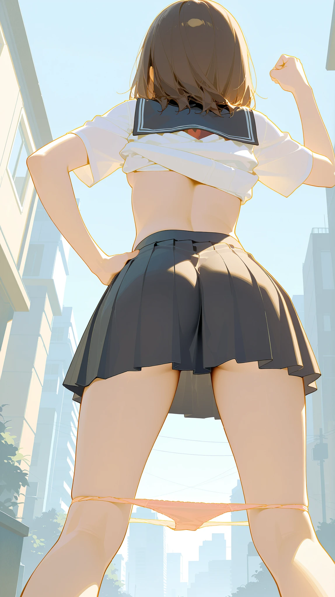 score_9, score_8_up, score_7_up, rating_explicit BREAK realistic anime art style, 1 girl, Fair-skinned, dark brown hair, round eyes, (wearing tennis outfit, mini skirt:1.2), (standing, leaning forward, from {above|behind}, ass focus, vaginal dildo insertion:1.2), (open mouth:1.6), (orgasm face, sweat, drooling, pussy juice:1.3), tennis court