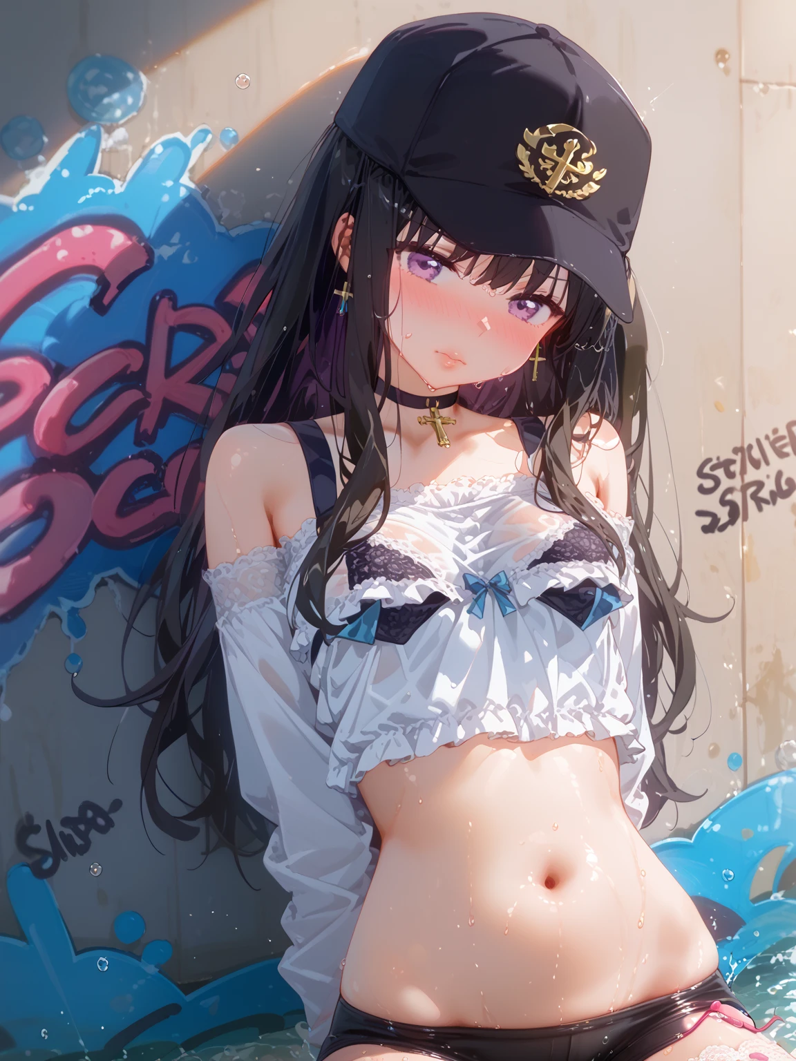 bikini, breast, military cap, crying face, sad face, long black hair, tears on the face
