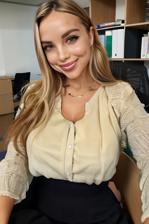 atractiva mujer ejecutiva, elegante sexy sentada en una silla dentro de una oficina, sonriendo, mirando al espectador,atractiva secretaria, 🤬 🤮 💕, 27 years old, mujer elegante, blusa con escote, busto grande.
