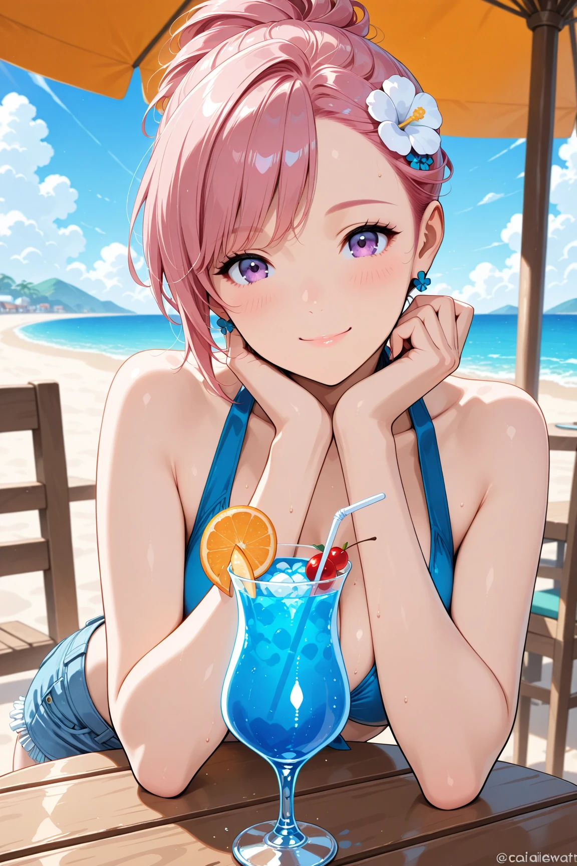 score_9, score_8_up, score_7_up, source_anime, comic, solo, sunglasses, smile, <lora:aa_franziska_ponyXL:1> aafranziska, one-piece swimsuit, frills, beach, chair, drink