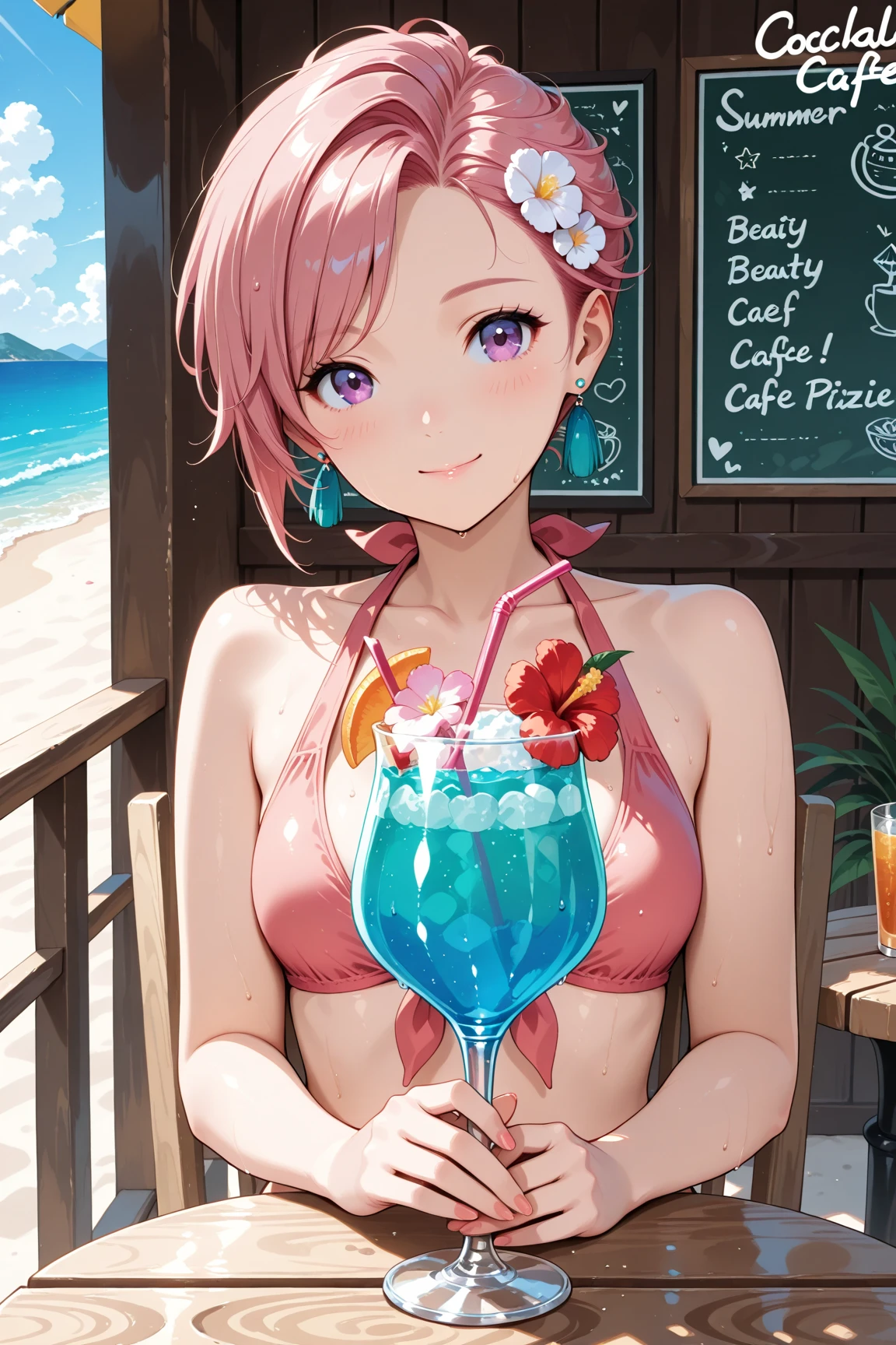(Masterpiece, BestQuality:1.3), (ultra detailed:1.2), (hyperrealistic:1.3), (RAW photo:1.2), High detail RAW color photo, professional photograph, (Photorealistic:1.4), (realistic:1.4), professional lighting, perfect anatomy, (Big Breasts:1.2), (blush, detailed face), (cheerful Smile:1.5), Trending Hair&Trending Hairカラーをランダムに, earrings, necklace, bracelet, sexly, erotic sexly, Random sexy gravure poses, (A beautiful pink-haired woman wearing a pink top and shorts、Smiling and posing sexy with a cocktail in hand by the pool in summer。:1.3)