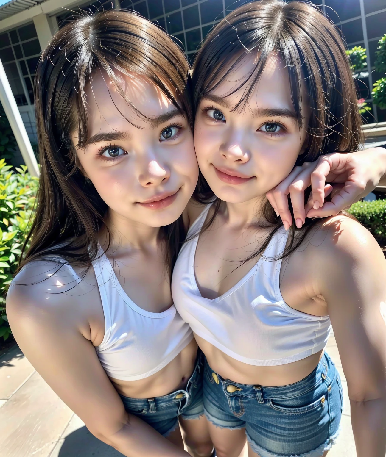 (masterpiece, Highest quality, 8K, High resolution),(Realistic skin texture, Perfect Face, Realistic, Perfect hands, Perfect finger count, Japanese, Girl), (12 years old), (2 people), Big Eyes, Brown eyes, Light brown hair, bangs, Twin tails, Hair Ribbon, Small face, Smile, ((Tank top, Low rise sports shorts)), 2 peopleが並んで立っている, Cute pose, Shopping mall