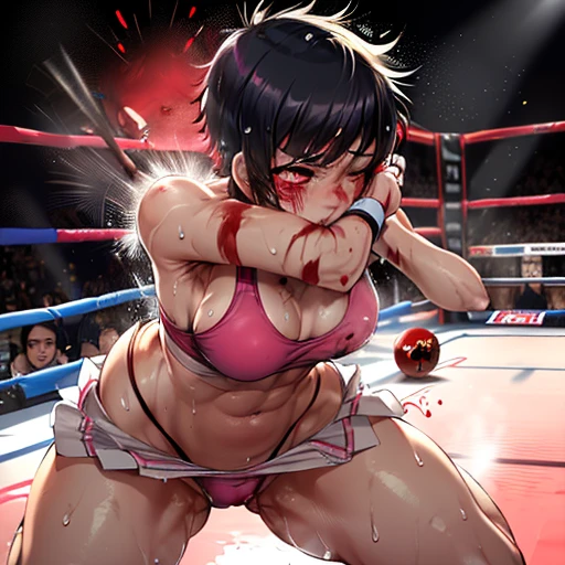 a bloody beautiful young Japanese female fighter is poised in a fighting pose in the fighting ring. She has a bloody nose. She is covered in scars and bruises. she is damaged terribry. Short-cut black hair, out of breath, an eye is closed, drooling from mouth, exhausted, drenched in sweat. Muscularity. Six-pack abs. Erect nipples.