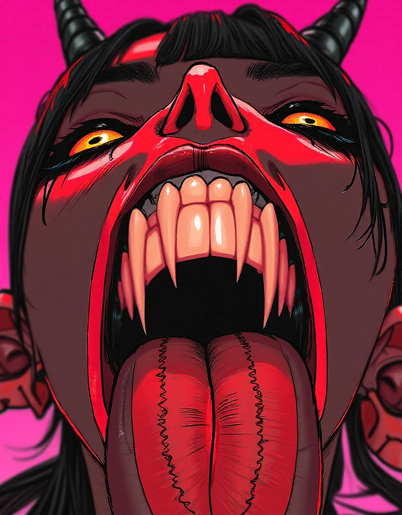 closeup portrait hdr horror otherworldly sensual, nsfw, demon eyes, long tongue, mouth open. dark hypnosis eyes.