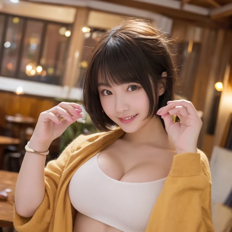 first person perspective, (masterpiece:1.3), High resolution, super detailed, Highly detailed CG Unity 8k wallpaper, realistic, photo-realistic, RAW photo, beautiful and detailed face, white skin, realistic glistening skin, fine cloth texture, detailed hair texture, perfect body, beautiful face, Accurate, anatomically correct, Highly detailed face and skin texture, natural neck length, (beautiful hands), (Fair skin:1.2), thin legs, thin legs, neatly aligned teeth, break, fine eyes, symmetrical eyes, light brown eyes, double eyelid, thin eyebrows, (glossy lips:1.4), (sleepy face:1.2), (blush:1.3), (smile:1.2), break, (classy and cute girl:1.3), (completely nude:1.2), G cup breasts, sagging breasts, (slender body shape:1.1), strong abdominal muscles, beautiful clavicle, (dark blonde hair, wavy hair, long hair:1.2), ((asymmetrical bangs:1.2)), break, Breast on Table, (on the table, (There is yakitori, french fries, salad, and「Takoyaki」 ):1.2), (sit in the chair opposite), ((put your elbows on the table、gently lift your chin:1.3)), (in the outdoor 'Biergarten' of Japan at night)), (night), (night), (night), (upper body shot:1.2), looking at the viewer, From before,