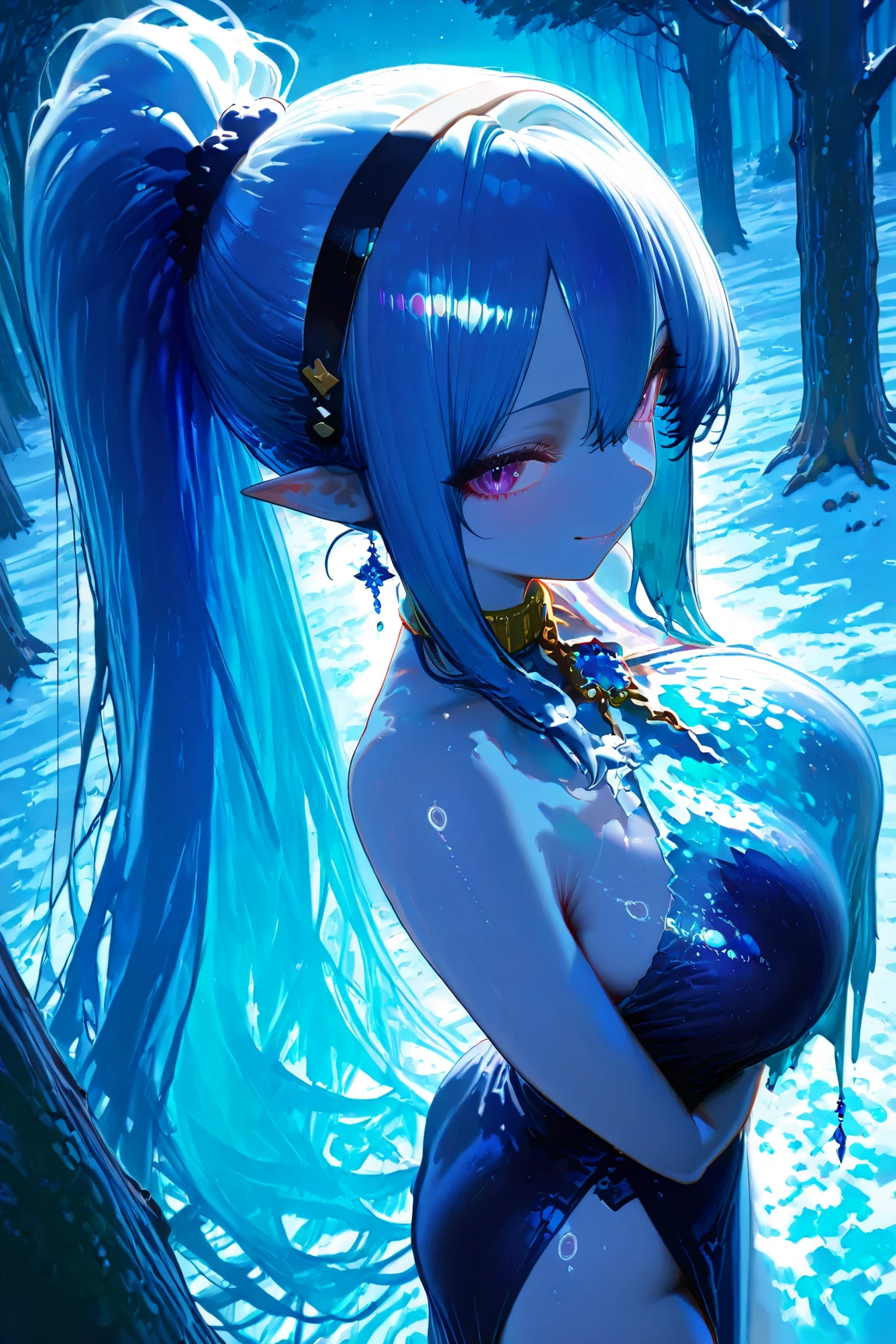 ((masterpiece)), ((best quality)), ((an extremely delicate and beautiful)), highres, original, extremely detailed wallpaper,1girl, solo focus, Masterpiece, best quality, (bright playful eyes, detailed pupils:1.1), Spirit girl, blue skin, (water nymph:1.2), liquid skin, spirit, spirit body, gaseous form, water magic, water aura, glowing magical tattoos, makeup, eyelashes, long eyelashes, thick eyelashes, thick lips, parted lips, big lips, sexy lips, big mouth, sexy mouth,