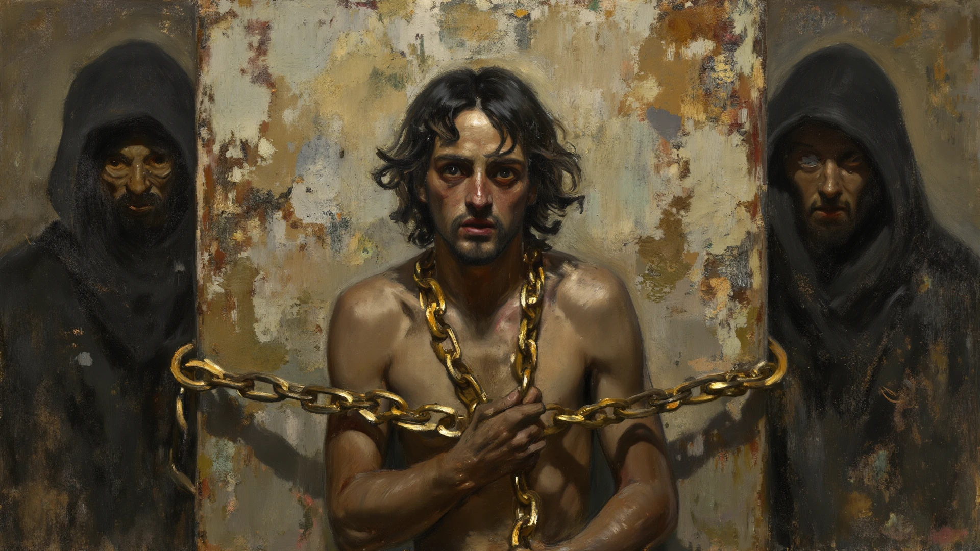 Saint Sebastian in chains, in a dungeon, body Pierced by arrows [(chains:0.33)], (Adolf Piot style)), The dark Renaissance, (fog, very scuffing), ((palette/oil painting palette knife)), ((masterpiece)), single shot, impression:1.2, extreme detail, perspective:1.33, 8k