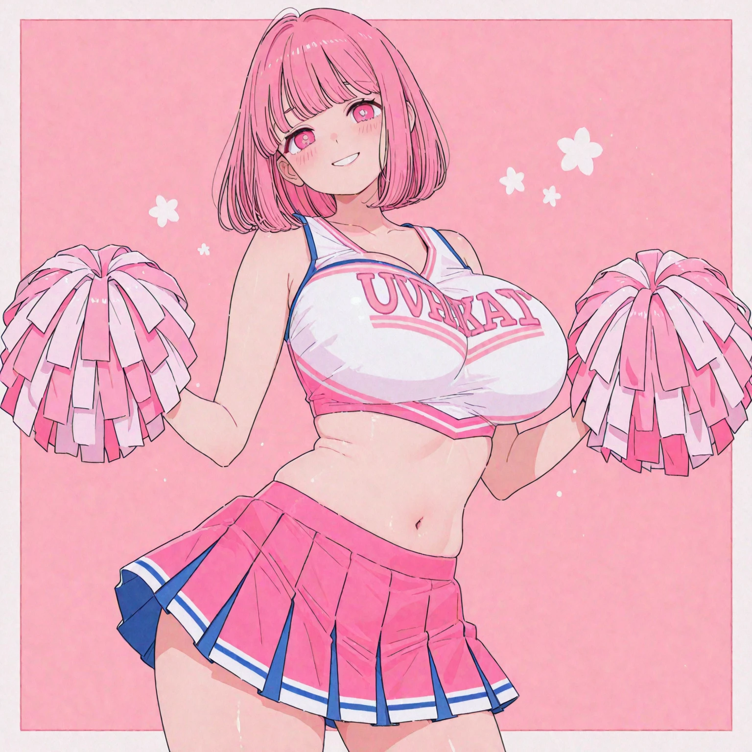 Cheerleader, huge breasts, medium pink hair, lewd expression, ponk eyes, red cheerleader outfit, locker room