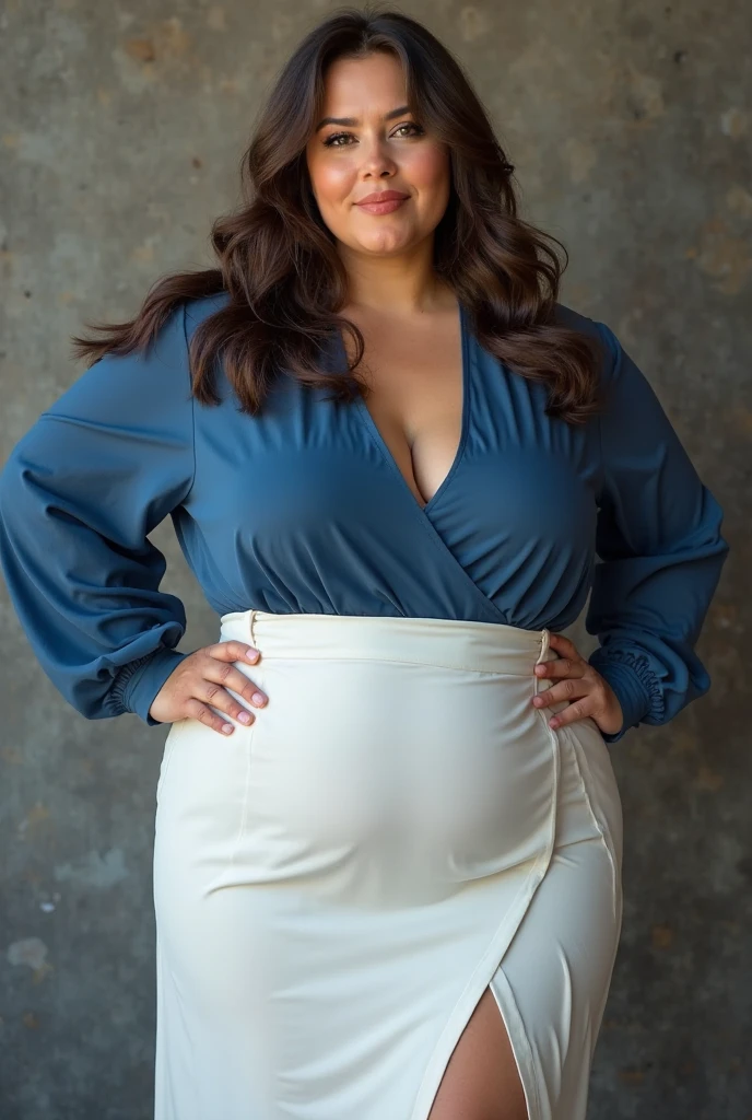 Day scene, A radiant, full-figured South Indian 3 aunty a light blue colour chiffon fully transparent kurta, bra visible through kurta, ,standing, in a office captured in a full-body image with vibrant hues and meticulous details. Full body image