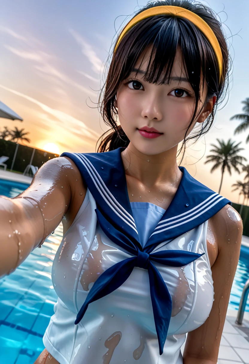 (See through:1.2),White Seraphim,Sailor suit, White Theme,school uniform, Sailor suit, View your viewers,  Insanity, Disheveled long hair, Beautiful attention to detail,Hair shines,Elevation,Blue sailor collar, Firm breasts,((Natural huge breasts:1.2)),A light smile,Partially underwater...