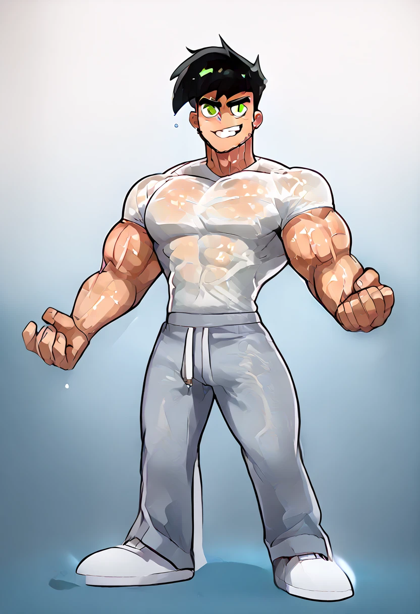 Anime man with green hair, muscles! , muscular!!, muscular! White, show off his muscles, muscular !!!, beef cake pose, muscular! Green, quite muscular, giga muscular, handsome anime pose, muscular, lean and muscular, muscular, lean but muscular, perfect body, tall and muscular, bulge, huge bulge,