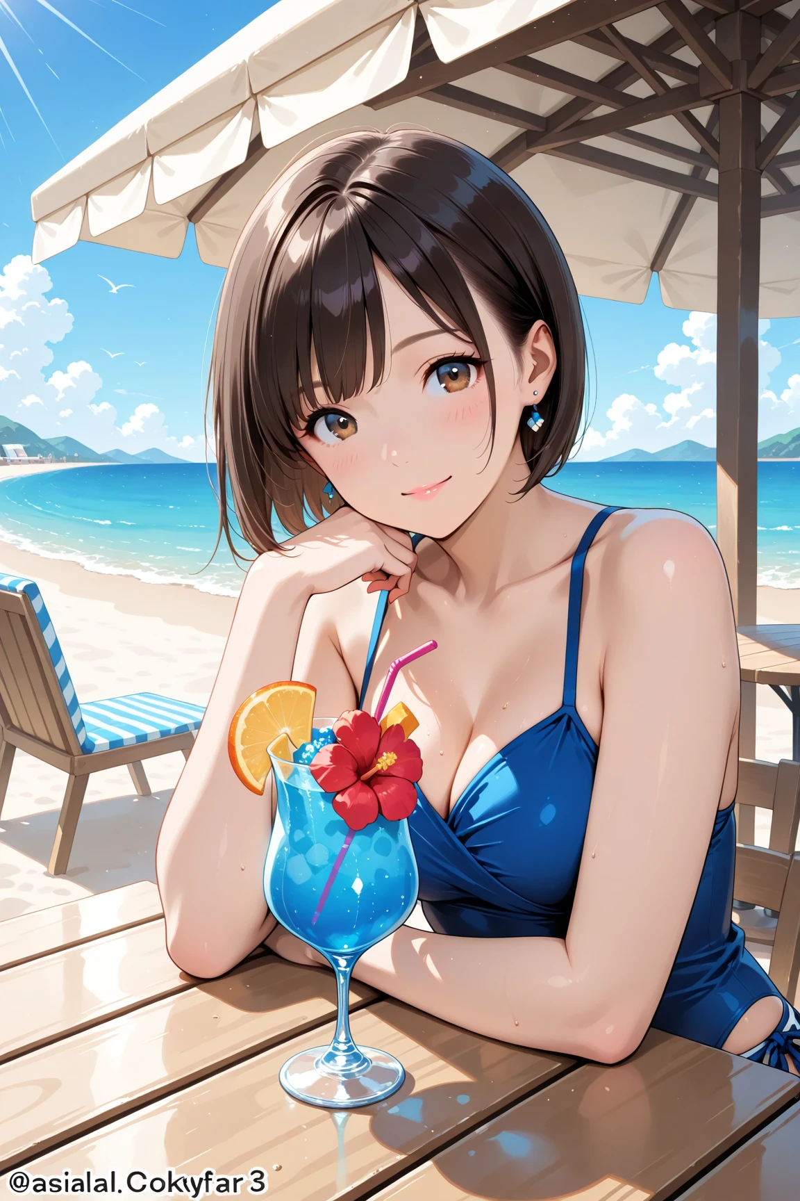 (1girl, Japanese Anime WAIFU style Cute girl), full-length, wearing colorful stripe micro-bikini with a lot of Ruffles, (serving at a trendy cafe at the pool of a luxury resort hotel on the plateau, carry trays with tropical drinks and snacks), masterpiece, top quality, 8K, wide-angle view, full-length, landscape