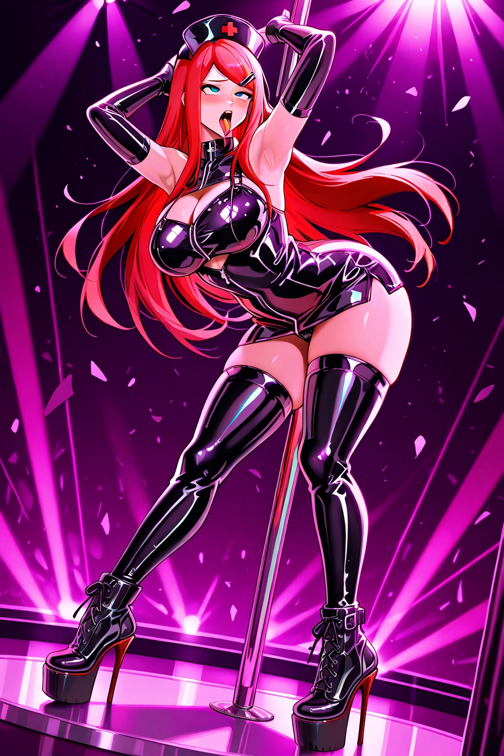 full body standing good face, nice ass, red spiky hair, beautiful woman, wide hips, cleavage, jumpsuit, leotard, heavy boots, apocalypse, muscular, thighs, mature woman, abs, looks at the viewer, lustful smirking smile face red blush