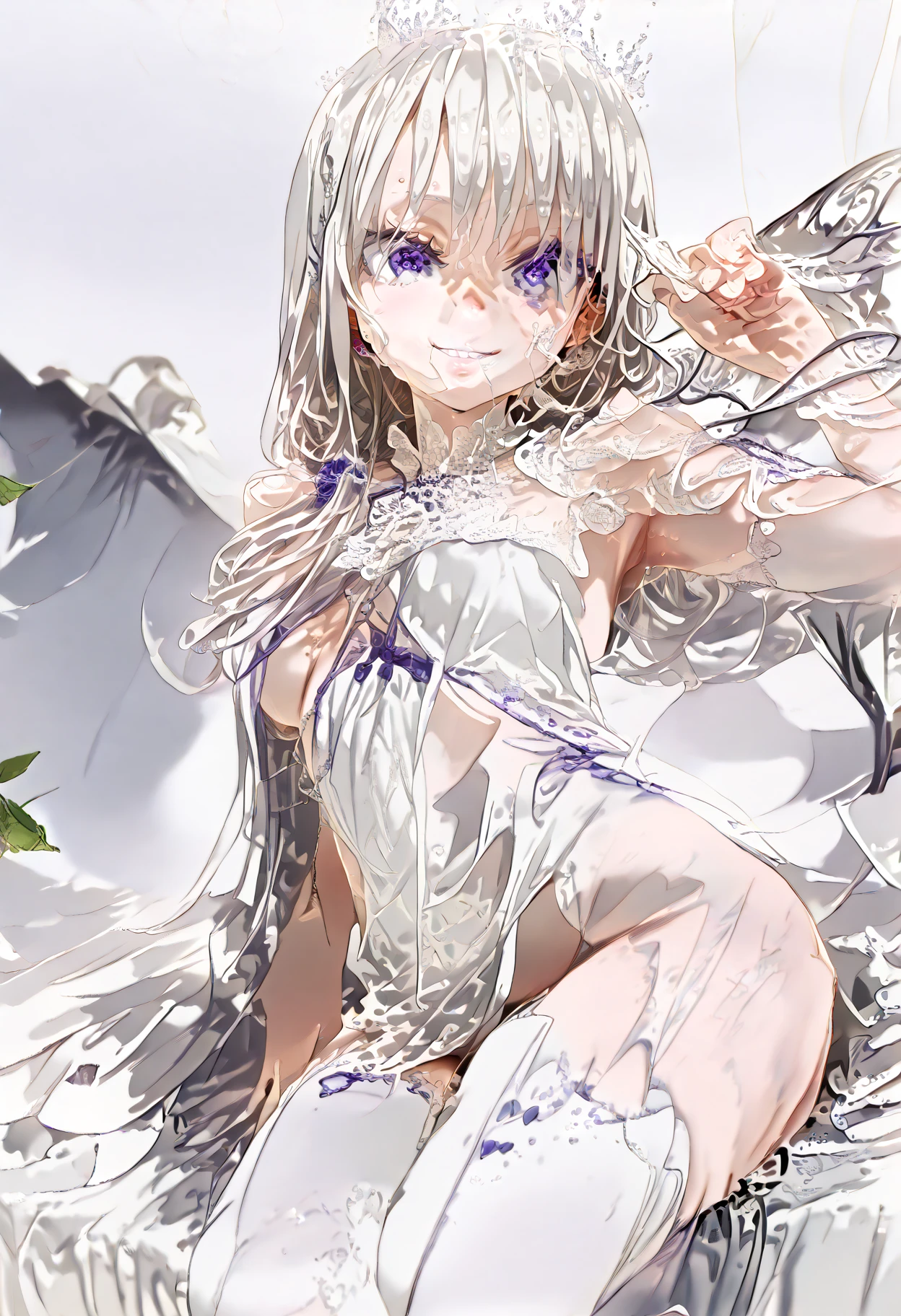 Completely naked(Highest quality,High resolution,masterpiece:1.2),4K,8K,cowboy shot、Enlarge your eyes、Beautiful, clearly defined eyes、Highly detailed eyes and face、Draw your finger firmly、ahegao、Kindergarteners、(6 year old girl)),Small breasts、flat chest、 {{{{Small breasts}}}},Super large nipples、Super large areola、 Plump thighs、Completely naked、Completely naked,Silver Hair、Frame your face、Bobcut、Spread your legs、No underwear、Creampie、Shaved、full body、Insert into pussy、