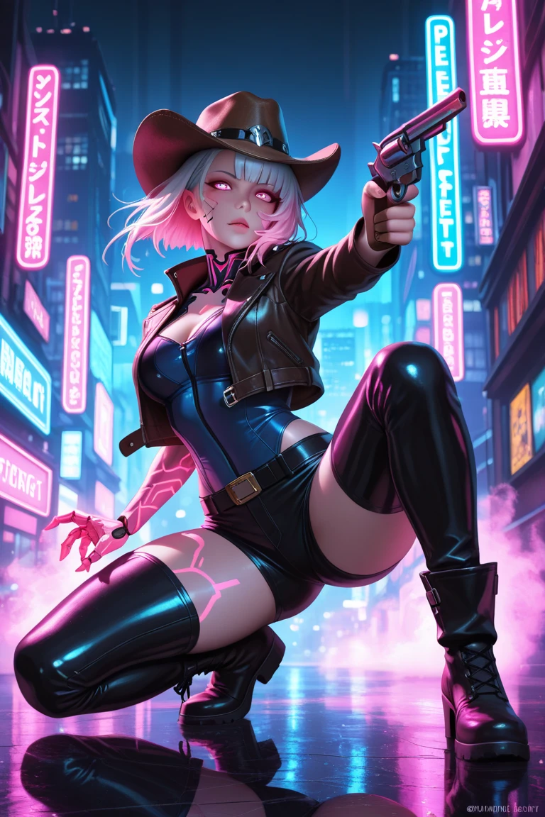 android 18,yorha 2b,raiden shogun,mordred, samus aran,overwatch,atelier ryza,close up,mountain view,tattoos,royal gray and gold plugsuit,white short sleeve formal top,black formal tie,thunder embroidery short sleeve formal coat,steel cargo leggings,short punk hair,punk makeup,blue eyes,multicolored silver hair,cyberpunk gloves,sexy smile,freckles,beautiful girl,cyberpunk high heels,large breasts, 8k,ultra detailed,realistic,fantasy art, thunder armor,hair pin,ear piercings,(weather:thunderstorm),1girl,gold neck and hand jewelry,glowing thunder sword,