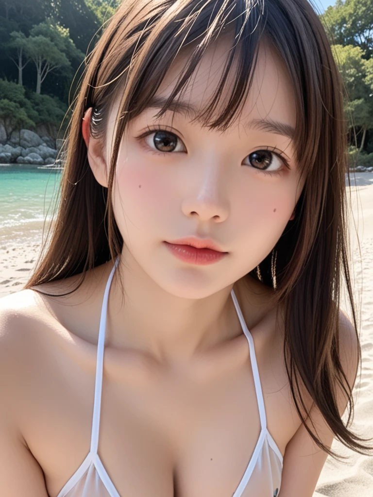 (top-quality、Top image quality、超A high resolution、​masterpiece)、(1 girl in、独奏)、(small tits：1.4)、Realistic young idol、20yr old、Neat and clean beautiful girl、childlike、kindly smile 、Super beautiful girl、brawn hair、poneyTail、Ultra-detailed and beautiful skin、Super detailed and beautiful face、Realistic and beautiful skin、pastel colored micro bikini、fullllbody、Beautiful girl walking on Waikiki Beach