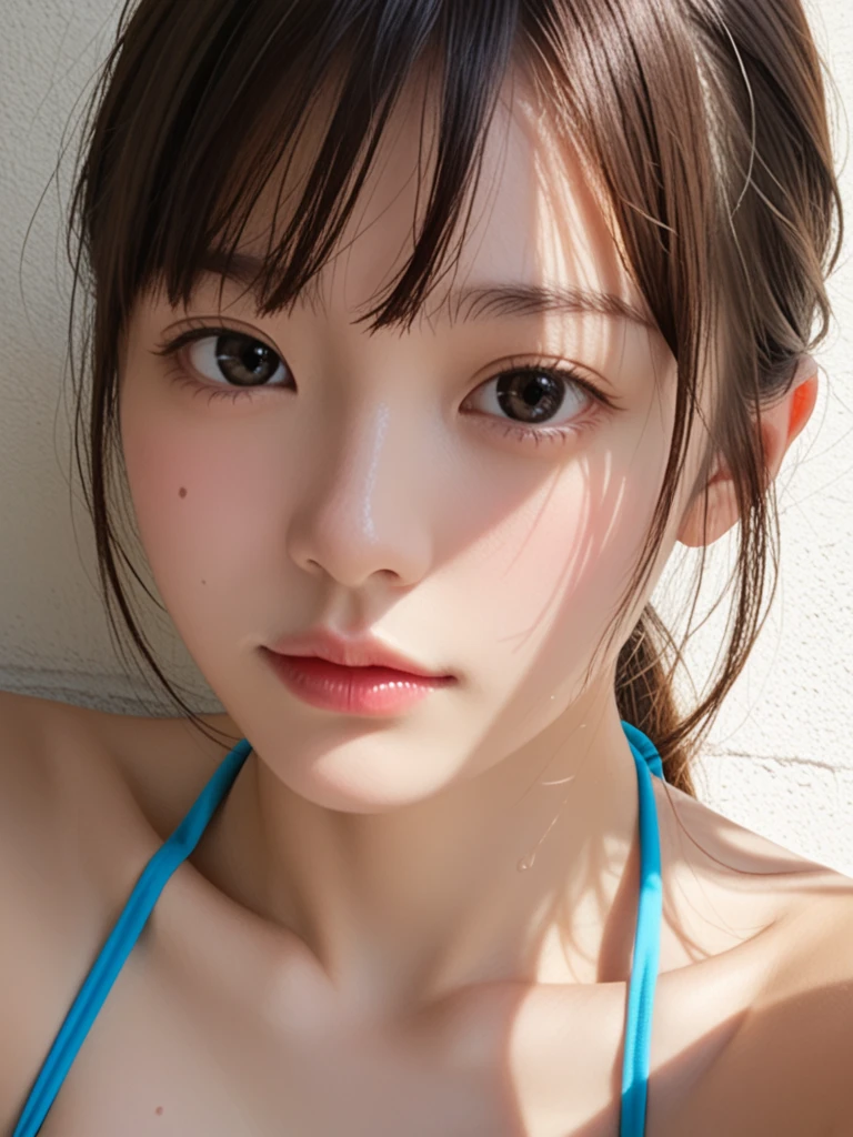 masterpiece, highest quality, 8k, 20th generation, Big Breasts, cute, alone, sad, cute, Girlish,cute 繊細な女の子, cute、Pure beauty, RAW Photos, Professional photography, Portraiture, Soft Light, Professional Lighting, Backlight, Upper Body, avert your eyes, Sophisticated, Film Grain, (Eye and facial details:1.0), Round face、Floating Hair, beautiful, Flowing hair, Asymmetrical bangs、(Big Breasts:1.0)、Navy blue micro bikini、Voluptuous thighs、dolly make、Heterochromia iridis、Midsummer sky、Cumulonimbuidsummer Beach