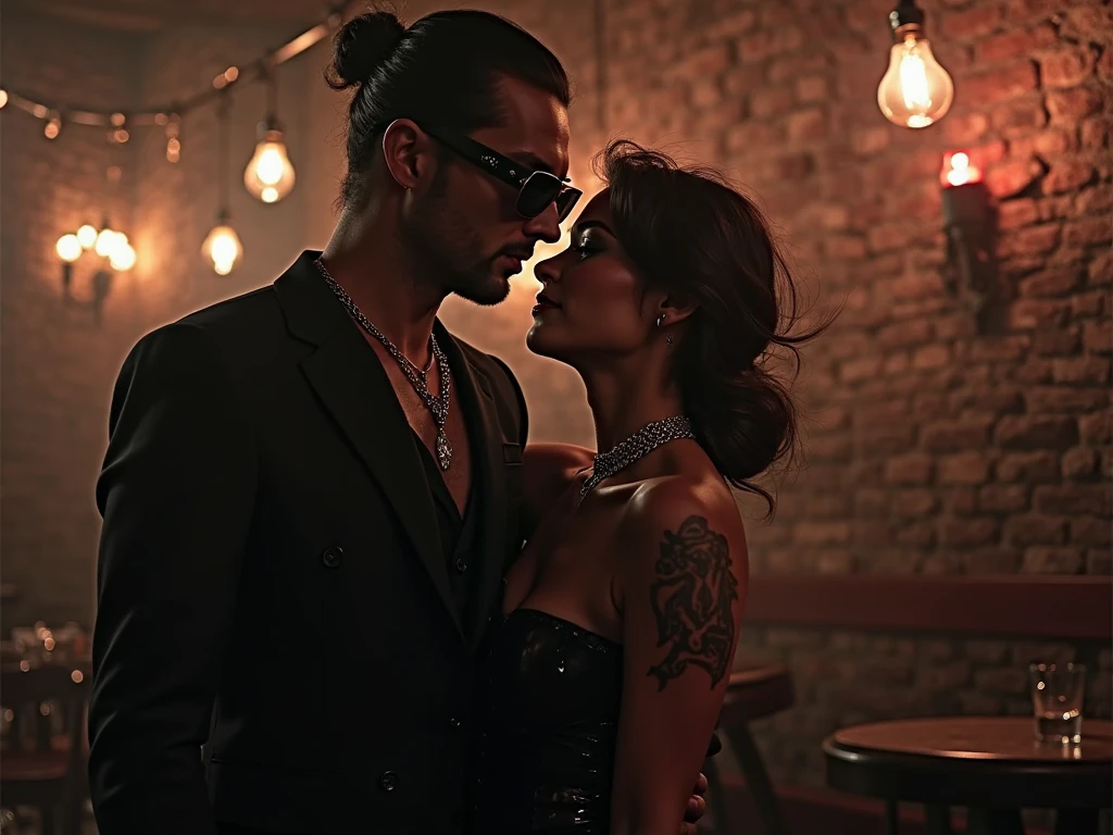 photo of a woman and a man, they are all in black creature tiki outfit, ((man is intensely rugged and massive in size compared to women,)), lifting her smokey eye makeup, 4k uhd, high quality, dramatic, cinematic, (long extraordinary (platinum hair:1.4)), nocturnal flowers, the seed, growing, giants shelter their body, intricate ornate lean-to tiki island, the night sky, deep dark shadows, hide new seasons, the woman is aware and watching us, man embrace strong moral compass, colorized b/w (film xray:1.7) negative image close-up portrait of a couple in dreamy landscape, cherry tree, undercover hovering boulder, architectural headpieces, man places one on her, integrated haunting, (light areas appear dark and vice versa). A color negative image is additionally color-reversal, aqua blush, and vice versa. invert image, (high contrast:1.6, deep darks), negative film inversion. young wife in casual loungewear, man standing in her bedroom, shape under fabric, dagger earrings, messy hair, her feet on fertile soil, man grounded, sensual mood, romantic, she's inviting, gamer painting on wall,she doesn't want to be seen, big dark sunglasses, her black coat collar up and high, dark hair over her face, she's mysterious, he wants more, glamours, listening for a signal, watching the people move so she can continue on in the evening sky, Full body photo、cheap motel lobby,