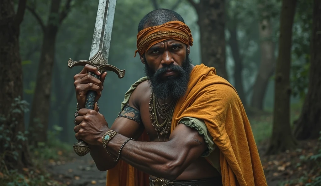 Ogun. Warrior Black man, African, afro hair, mature, beautiful, upper body, autumn forest, natural skin texture, 24mm, 4k textures, Blue turban, blue and white beaded necklace, African sword, soft cinematic light, RAW photo, photorealism, photorealistic, intricate, elegant, highly detailed, sharp focus, ((((((cinematic look)))), soft tones, insane details, intricate details, hyperdetailed, low contrast, Soft cinematic light, dark colors, exposure mix, HDR, faded