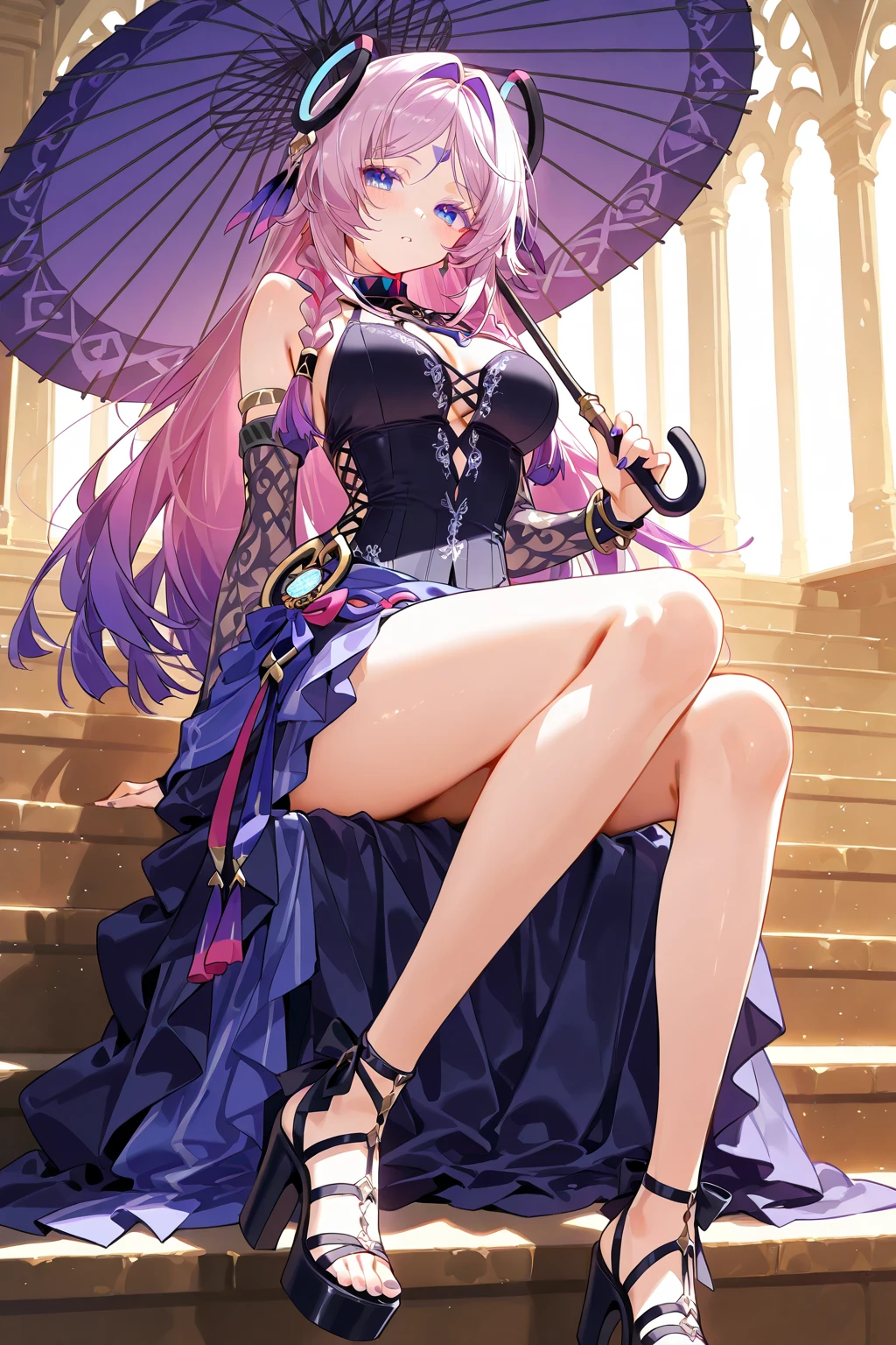 high quality, ultra detailed, best quality, insanely detailed, beautiful, masterpiece, 1girl, solo, long hair, purple hair, flower, hair flower, purple eyes, dress, hair ornament, breasts, jewelry, armpits, nail polish, looking at viewer, cleavage