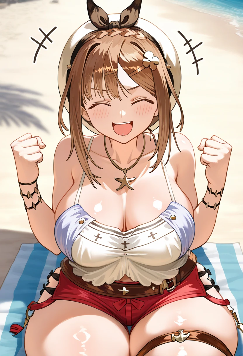 ((nsfw)),((score_9, score_8_up, score_7_up, source_anime,Reisalin Stout,Atelier Ryza,hat,hairbow,))(Heavy breathing,saliva,blush, sweat, Sweaty and wet all over,Steam,),gigantic breast,nsfw,collar,Looking at Viewer,((Perfect body,))((Super beautiful,))((High quality,)),solo focus, pov,((gold sexual see-through swimwear,))sexual posing,(cowboy shot),(Beachside, beach house, dusk, backlight,)Smile,