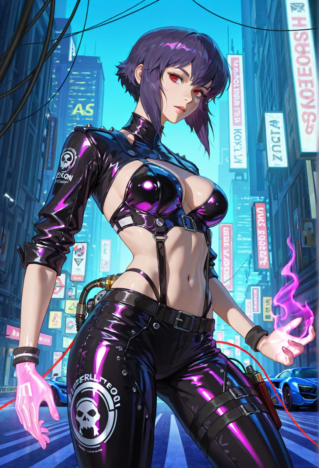 (night), in a video game scene with a neon background and a neon light,
Standing at attention,
pink suit, pink jacket, choker, neckline, clothing cut,
earrings, purple hair, she has long bangs in her hair that cover her eyes ((hair over eyes)),
1 girl, 20 years old, Young woman, Beautiful finger, Beautiful long legs, Beautiful body, Beautiful nose, Beautiful character design, perfect face,
looking at viewer (focusing on his face), mouth closed, Light_Smile,
official art, extremely detailed CG unity 8k wallpaper, perfect lighting, colorful, bright front lighting, shiny skin,
(masterpiece: 1.0), (best_quality: 1.0), ultra-high resolution, 4K, ultra-detailed,
photography, 8K, HDR, high resolution, absurdities:1.2, Kodak portra 400, film grain, blurred background, bokeh:1.2, lens flare, (vibrant_color:1.2), professional photography,
(Beautiful, breasts: 1.4), (beautiful_face: 1.5), (narrow_waist),