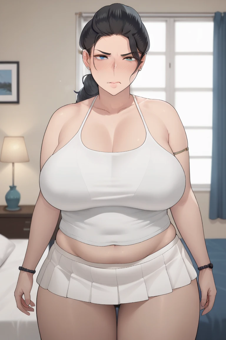 ((Masterpiece)), perfect anatomy, perfect shading, field of depth, (best quality), extremely delicate and beautiful, perfect lighting, detailed face, ultra cute face, cute, (cowboy shot 1.2) , looking at viewer, full body, (((1girl))), (((solo))), cheerleader

 long hair, fluffy hair, brown hair, pony tail, green eyes, (((blush))), nervous, (cheerleader uniform), (white tank top 1.2), (short section red skirt 1.2), thigh highs, chocker, extremely tight clothes, large breasts, cleavage, perky breasts, (wide hips), (thick thighs), pudgy,

 fast food restaurant, intricate background, detailed background, sweaty, leaning on a table, table full of food