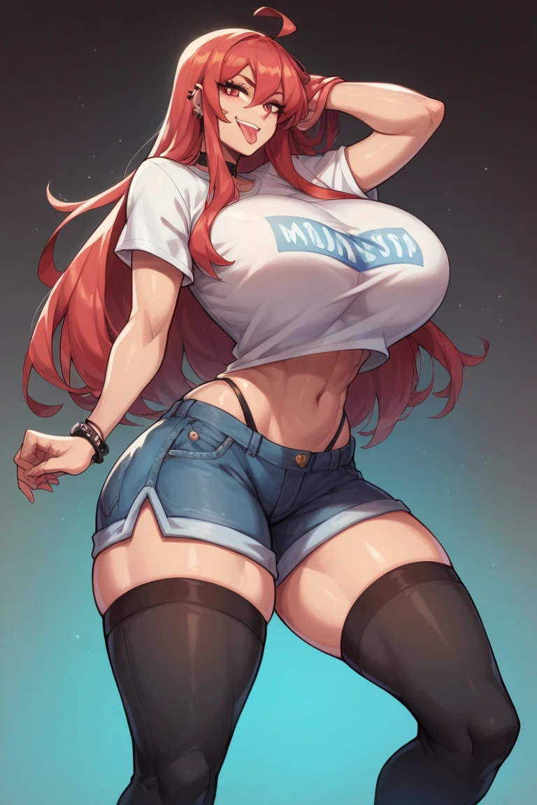 Anime girl with big and big thighs wearing very tight mini shorts with a very tight mini shirt