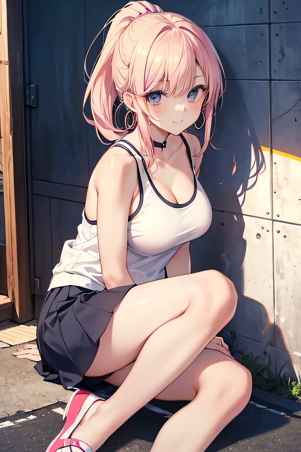 masterpiece、highest quality、Very detailed、Photograph the upper body、1 female、(Arms behind your back:1.4)、Are standing、Turn your body forward、View your viewers、(White prim、Maid、School Swimsuit:1.2)、blush、shy、Pink Hair、Open your mouth、Ocean、Big Breasts、