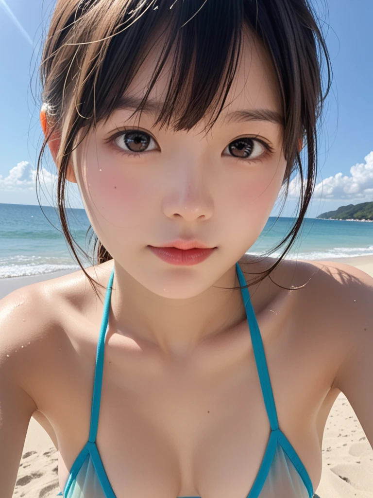 Close-up, masterpiece, Highest quality, Raw photo, Photorealistic, beautiful, cute, Wavy Hair、 Depth of written boundary, High resolution, Ultra-detailed, In detail, Very detailed, Very detailed目と顔, Sharp pupils, Realistic students, Sharp focus, Cinema Lighting、black bikini sexy bikini、Beach、summer、profile、profile、Full Body Lesbian、The Sunset Sun