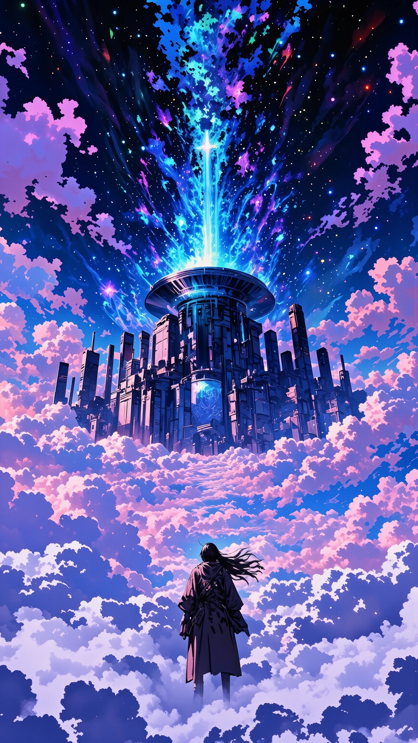 Otherworldly space、Close to space、 City in the Clouds 、Lost City Pictures、picturesque background、city floating city emerging from clouds、Digital image 、near future、high resolution background glowing city buildings、A dreamy city above the clouds、非常に詳細なDigital image 、high resolution digital paint、Colorful City、Close to space。