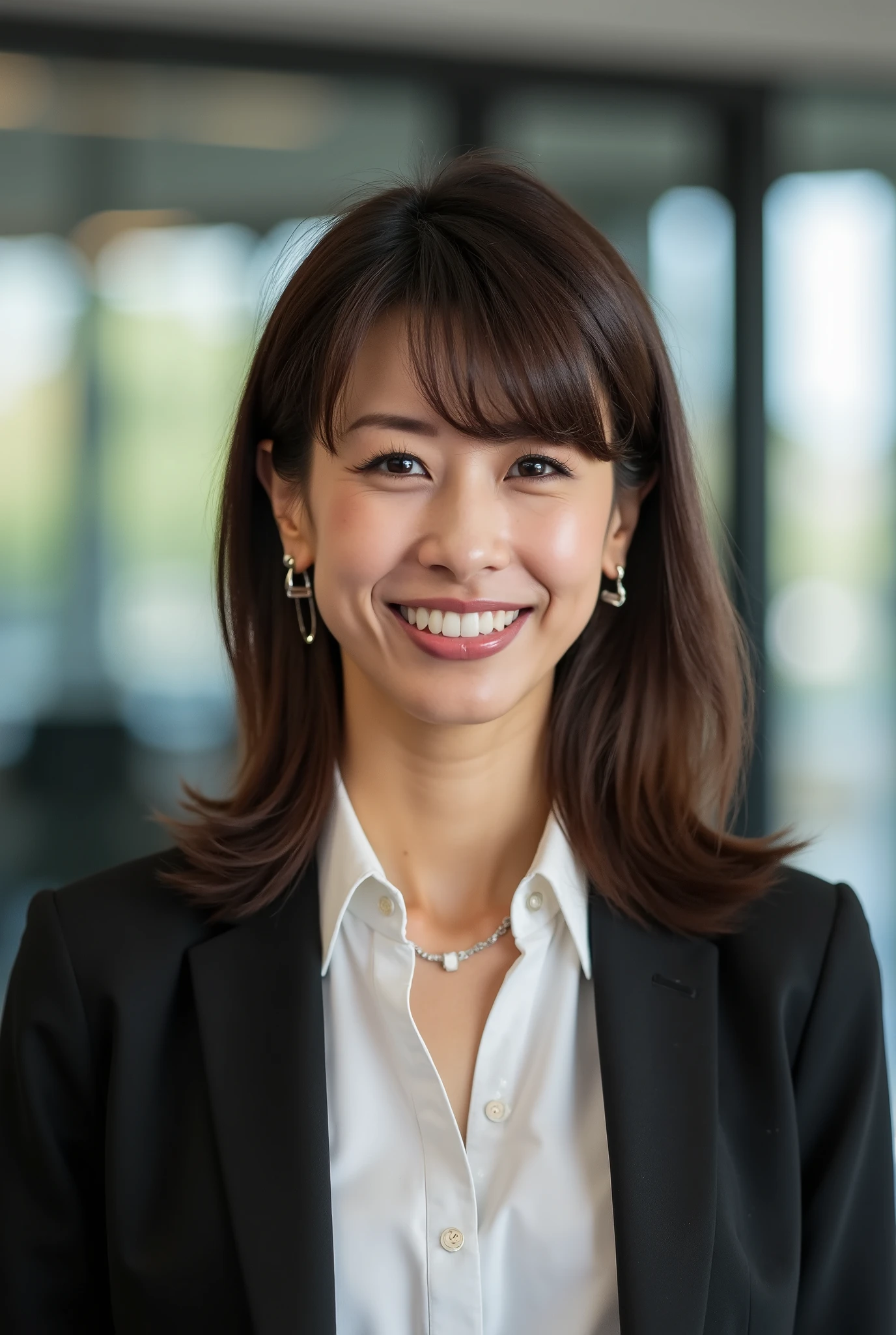 Neat Young Woman、looking at camera、office lady suit、Jacket、shirt、 Ear piercings、necklace、濃いアイシャドゥ、歯を見せた笑顔、、background is office