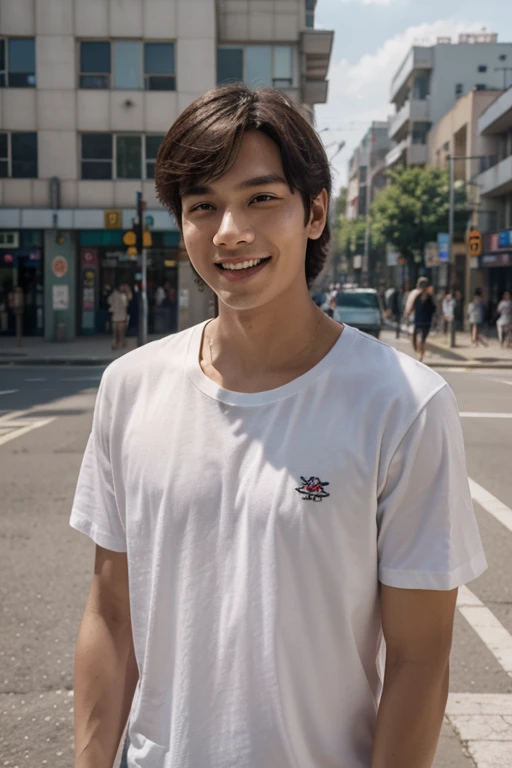A handsome, muscular young Asian man looks at the camera. In a plain red t-shirt, Fieldside, grass, beach, sunlight