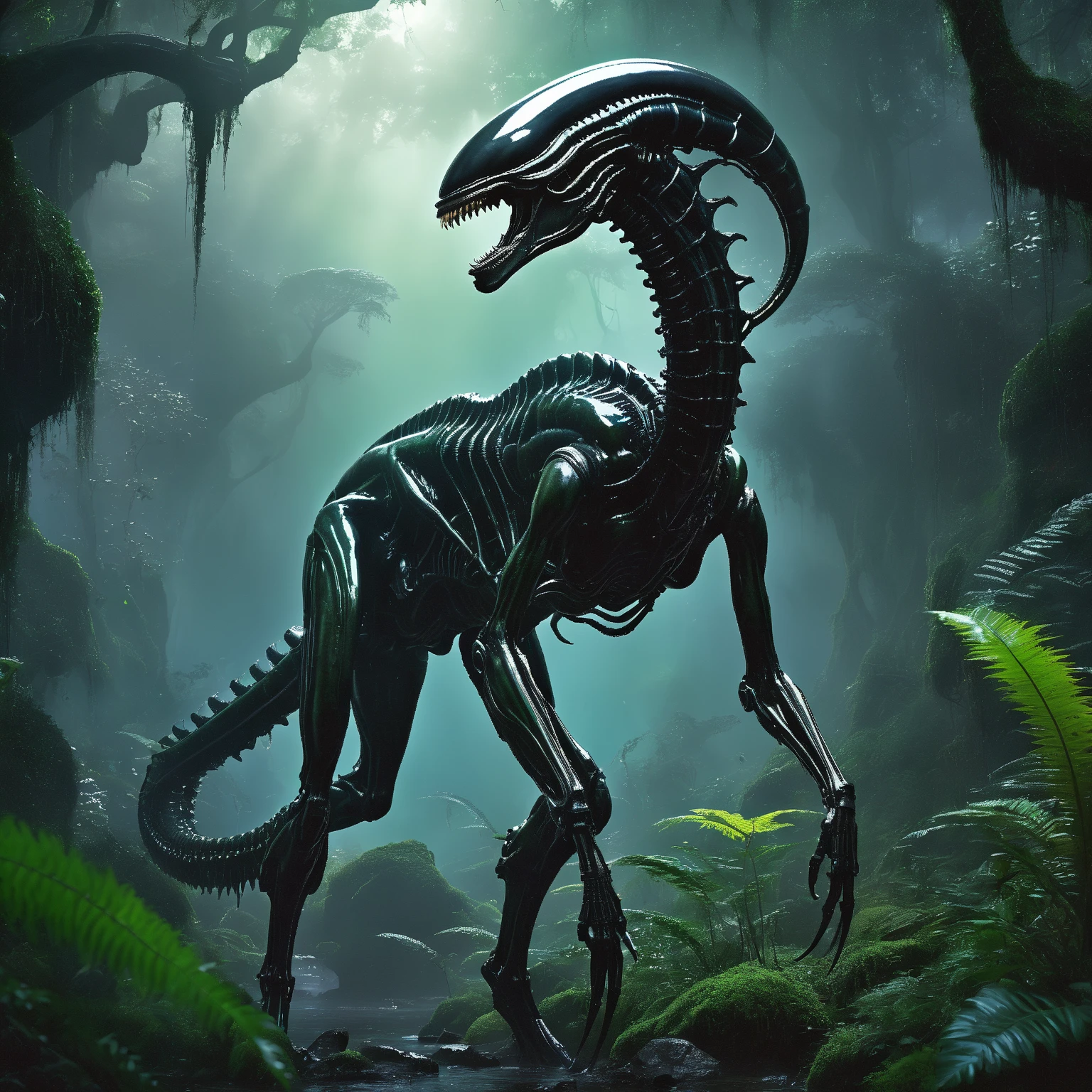 Beautiful Female Xenomorph, photorealistic style, creature, sci-fi, dark, sleek texture, shiny exoskeleton, biomechanical design, elongated head, elongated jaw, sharp teeth, piercing black eyes, slender body, biomechanical tail, translucent membrane, eerie atmosphere, lush alien landscape, vibrant flora, mysterious rock formations, atmospheric lighting, cascading waterfalls, ethereal mist, distant alien sky, captivating celestial bodies