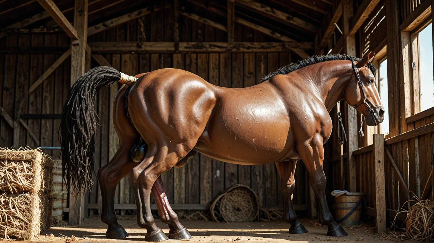 A black feral Draft horse standing with their side facing the viewer with their huge thick flared equine penis hanging below them, Masterpiece, highly detailed image, highly detailed genitalia, 4k, 4k resolution+, by Truegrave9, by Virtyalfobo, by Chunie, by Clockhands, equine penis+, flared penis, black fur, ebony body, muscular, barn, huge penis, testicles, black penis+, horsecock,