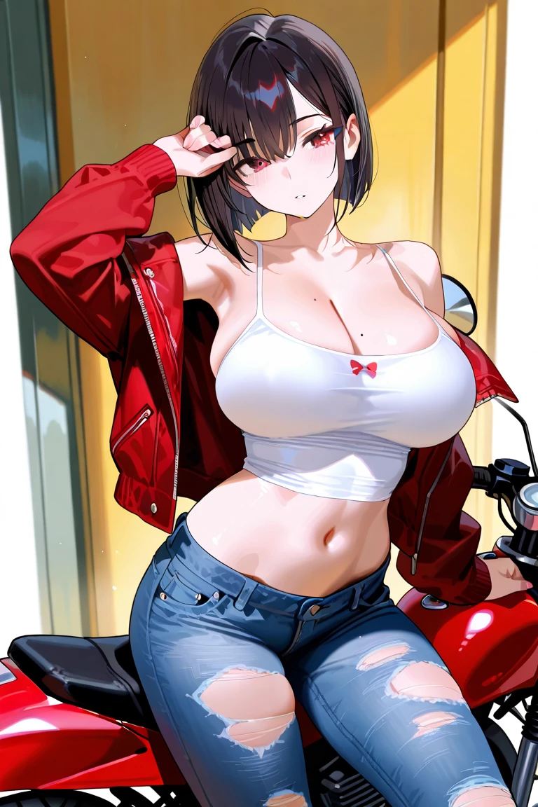 (8K HDR photorealistic pic), (cowboy shot), (Perfect Anatomy, top-quality, The ultra -The high-definition, high resolution, extremely details CG, 8K Unit Wallpapers), ((mature 26-year-old)), solo, Beautiful detailed eyes, black hair, short bob hair, blunt bang, (small breasts, slender body, athletic), gleaming skin, oily skin, (punk fashion, leather jacket, (tank top), micro shorts), (drive a motorcycle, Harley-Davidson), on road, Tokyo, at night