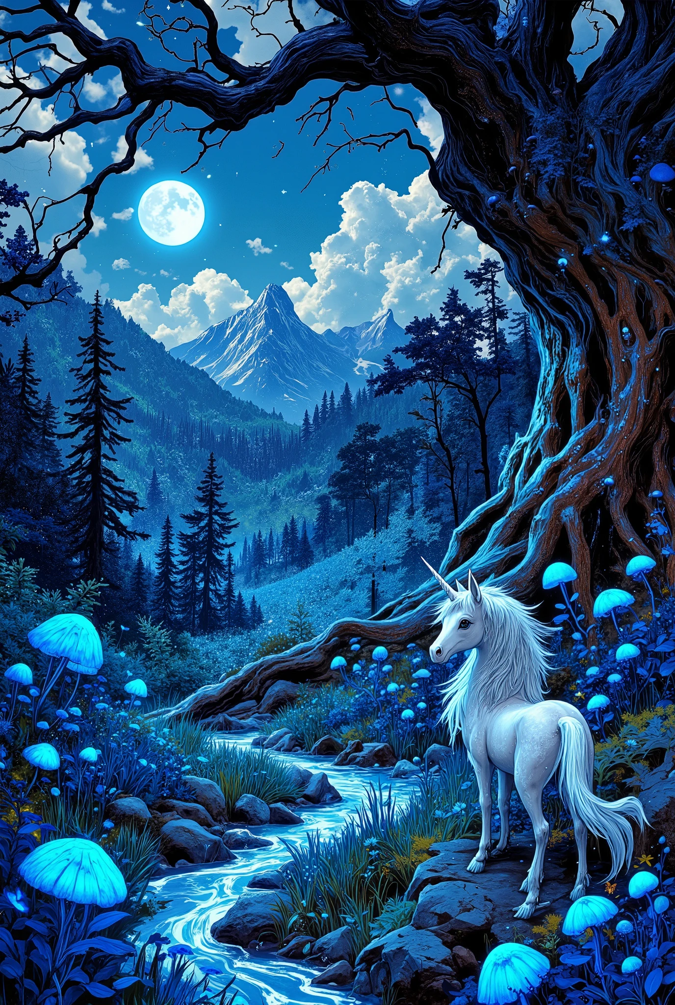 An unearthly fantastic magical forest bathed in moonlight, endless expanses of glowing blue flowers and silvery grass swaying in a light breeze, acidic pulsating mushrooms, fireflies dancing like stars, giant emerald carved ferns silhouettes of ancient gnarled oaks with runes carved on them against the background of a mother-of-pearl full moon, beautiful young fairies in transparent clothes, hiding in the branches, fantastic furry familiars with turquoise transparent eyes roam among the thickets of flowers and grasses, a shining unicorn peacefully grazes in the thicket of the forest., Professor Dumbledore is sitting on a rock and reading a magic book. Thin clouds floating across the starry night sky, dew drops sparkling on the petals, night moths with intricate patterns on their wings, distant mountains shrouded in fog, a shallow winding diamond stream reflecting fluorescent cold moonlight penetrating through the foliage, moss-covered rocks, clusters of luminous mushrooms, thin swirls of mystical mist,starry sky with floating islands in the distance, 8k resolution, super-detail, atmospheric depth, cinematic lighting, smooth focusing at the edges, photorealistic rendering, mystical atmosphere